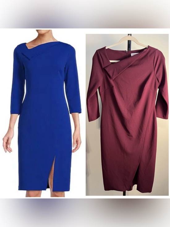 Calvin Klein Dresses & Skirts - Calvin Klein Burgundy Asymmetrical Sheath‎ Midi Dress 8 3/4 Sleeve Front Slit